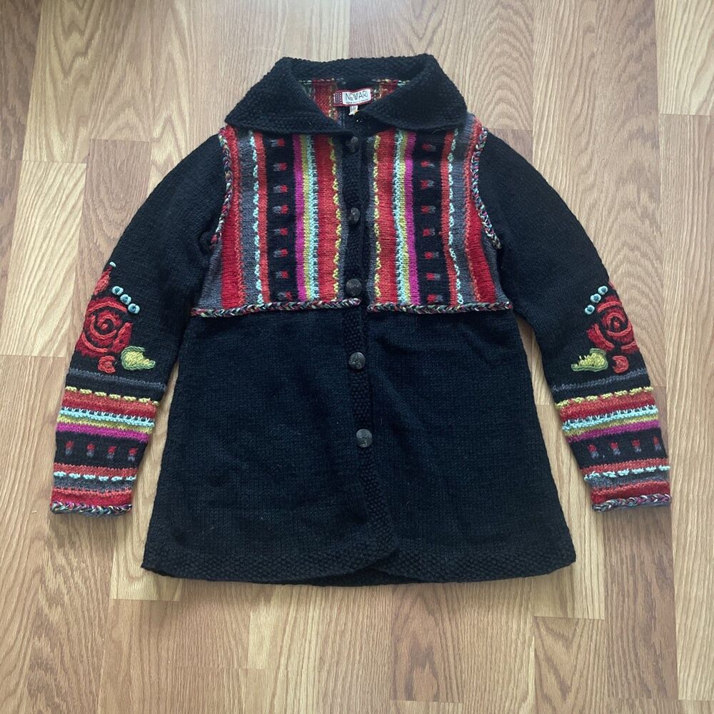 Vintage Newari 100% Wool Nepal Hand Knit Cardigan Sweater L/XL Nordic Design